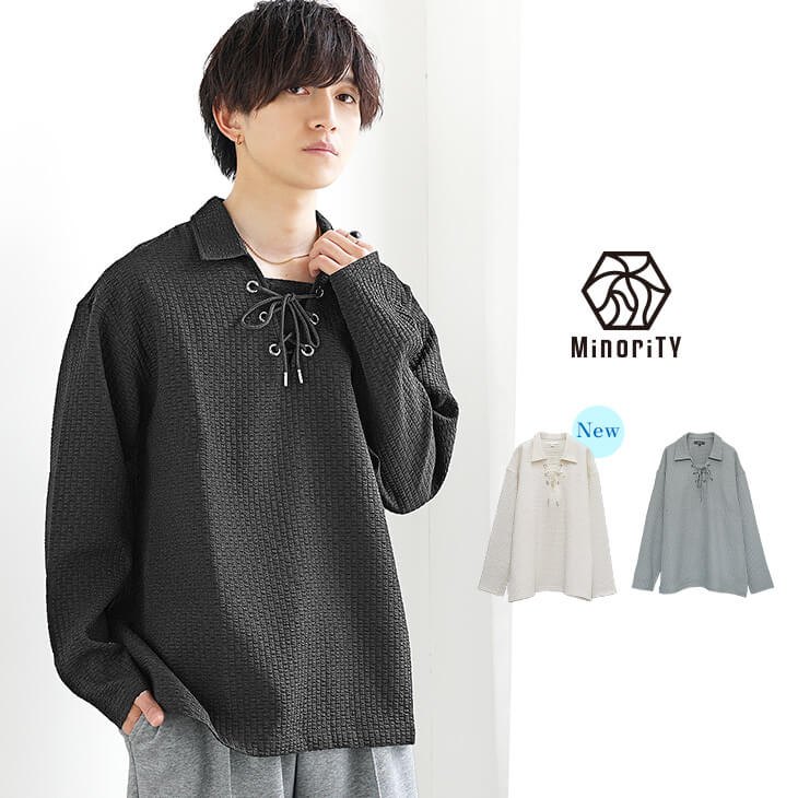 シアサッカーレースアップポロシャツ