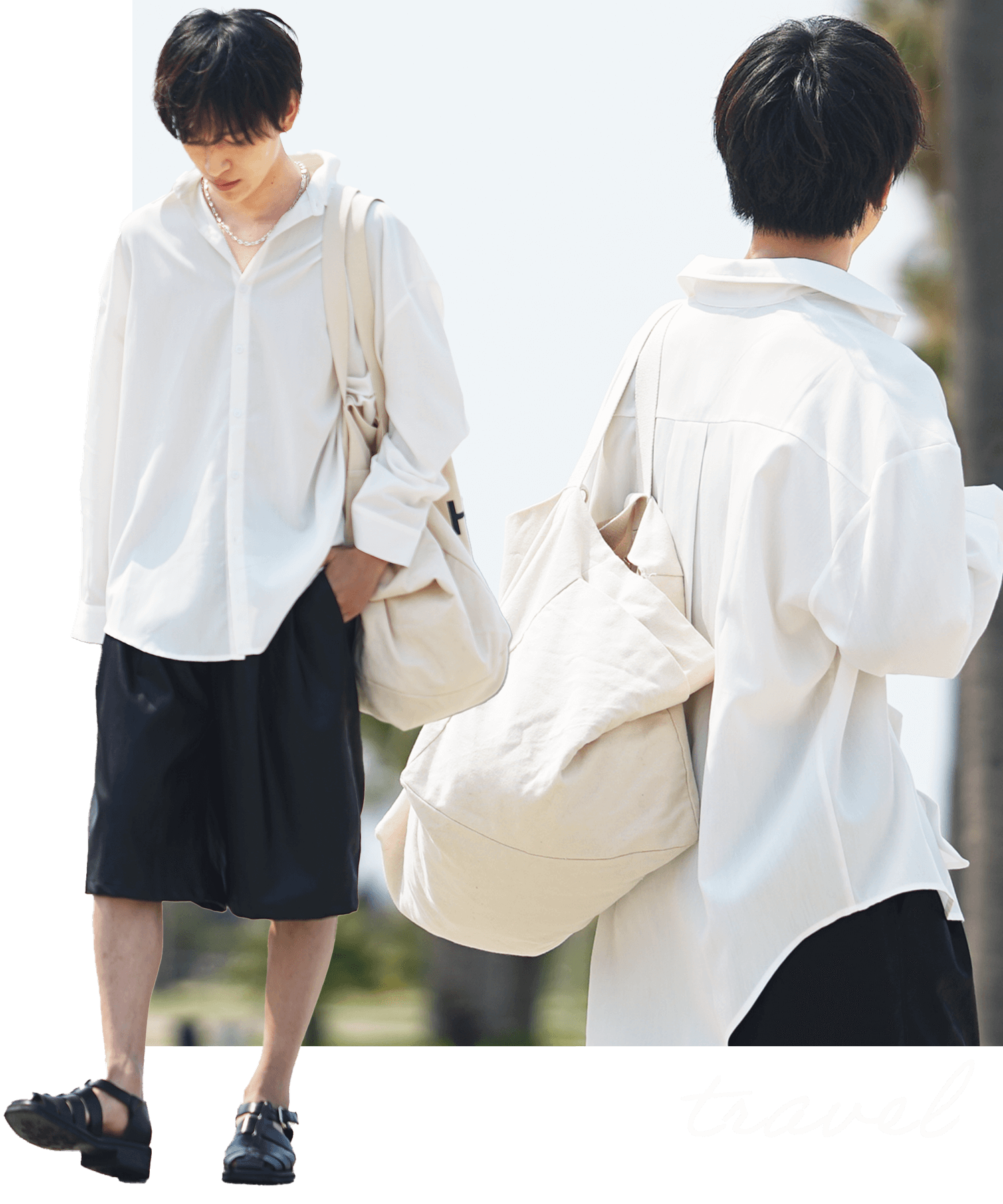 白シャツと黒ショーツを合わせたリゾート感コーデ