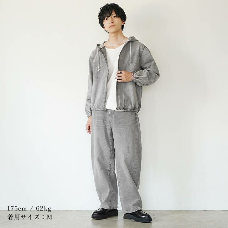 フルジップデニムパーカー+バレルレッグデニムパンツセットアップ